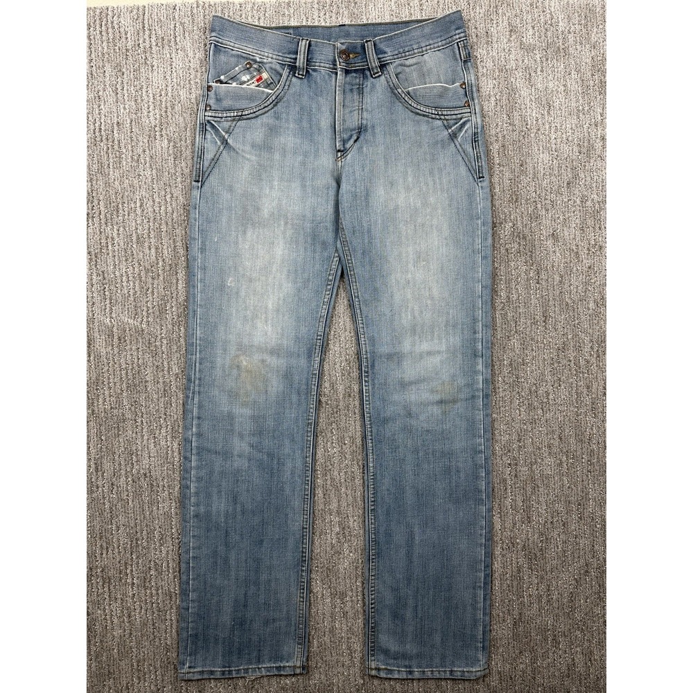 Diesel Larkee Jeans Mens 33x34 Light Wash Blue Distressed Straight Leg Italy